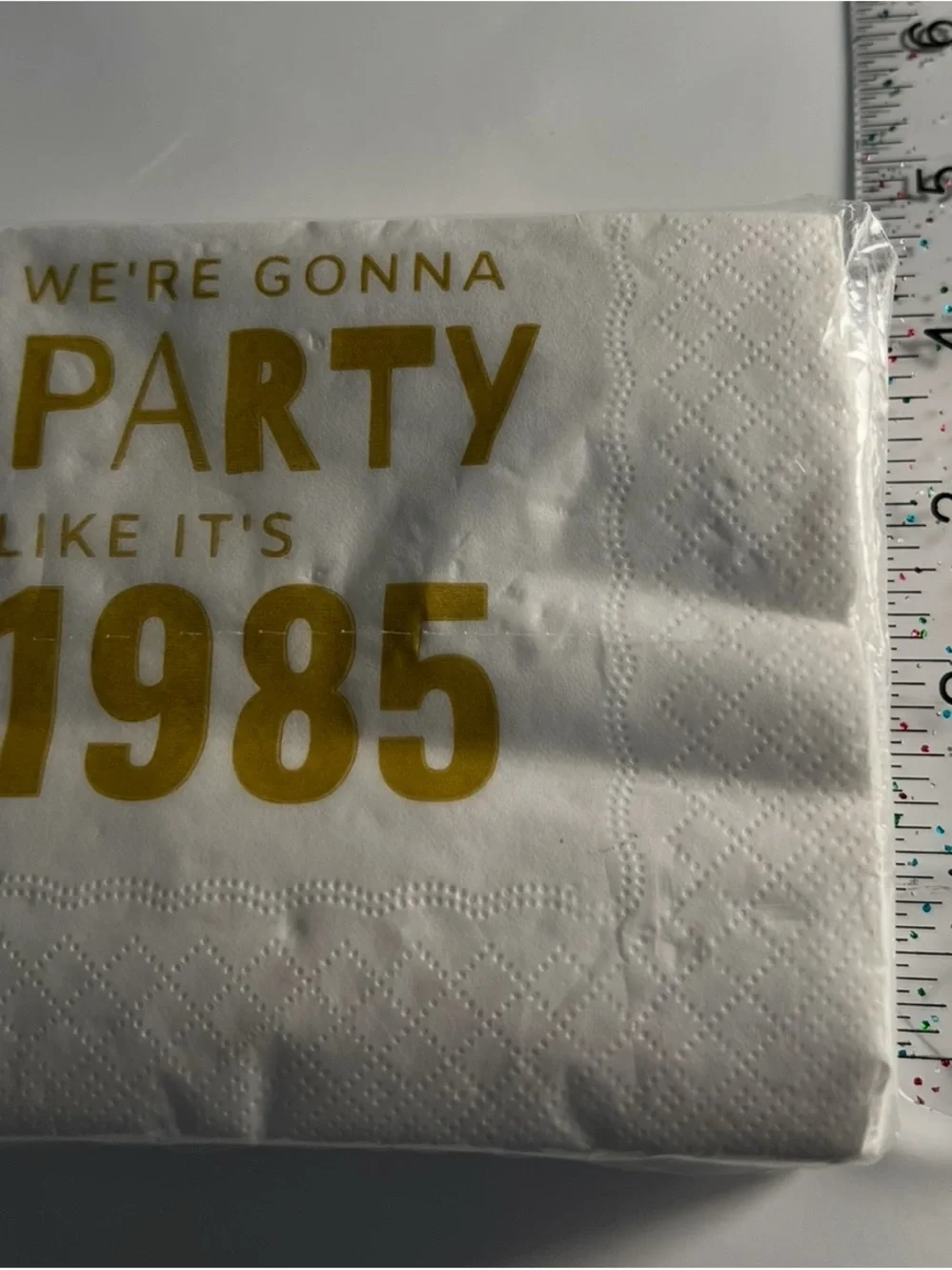 News Gold Foil 'Party Like It's 1985' White Cocktail Napkins